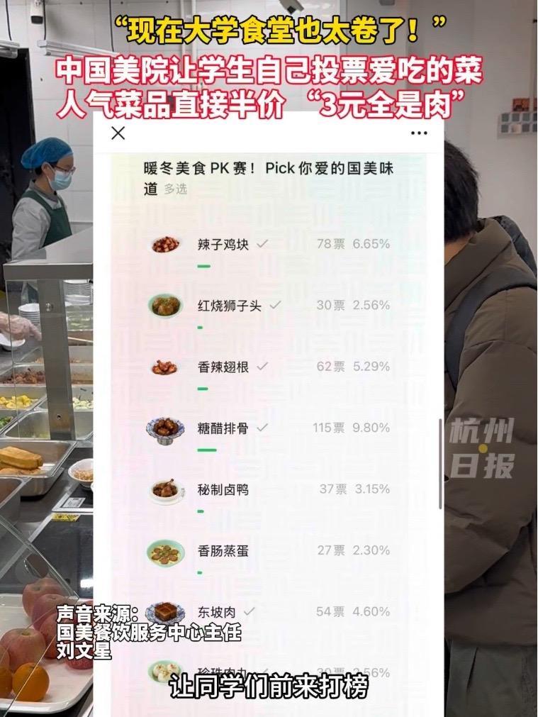 中国美术学院食堂让学生自己投票爱吃的菜,高人气菜品直接半价供应,“三块钱都是肉”,别校学生