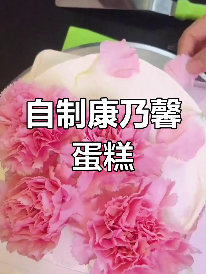 粉色康乃馨戚风蛋糕,水果夹心与奶油装饰