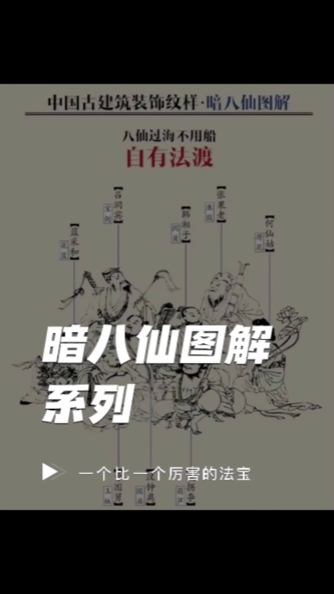 古建装饰纹样之暗八仙图解 “暗八仙”指的又是什么呢?八仙每人都有一至二样宝物或法器,“暗八