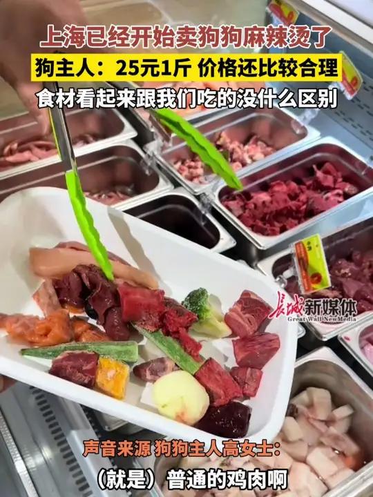 4月1日(采访)上海。上海已经开始卖狗狗麻辣烫了,狗主人:25元1斤 价格还比较合理,食材
