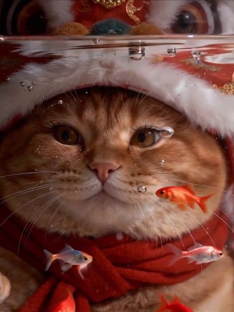 橘猫鱼缸和金鱼拍写真?