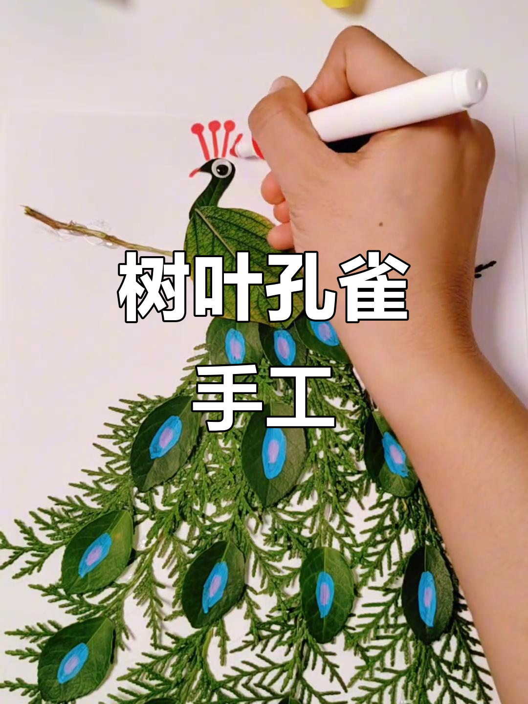 用几片树叶做孔雀手工贴画,简单又有趣