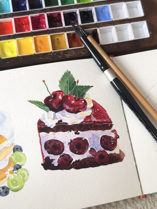 樱桃红丝绒蛋糕水彩绘画过程附线稿及素材