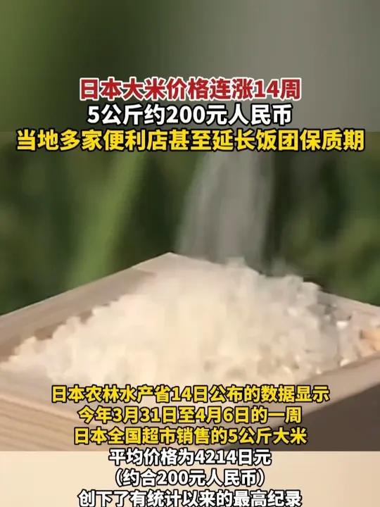 日本大米价格连涨14周,5公斤约200元人民币,当地多家便利店甚至延长饭团保质期(报道时间