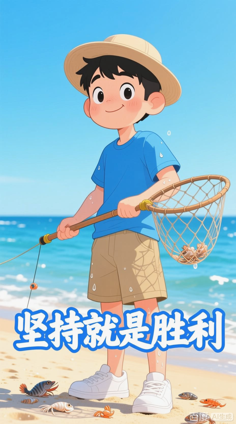 海边撒网捕鱼，收获与自嘲并存