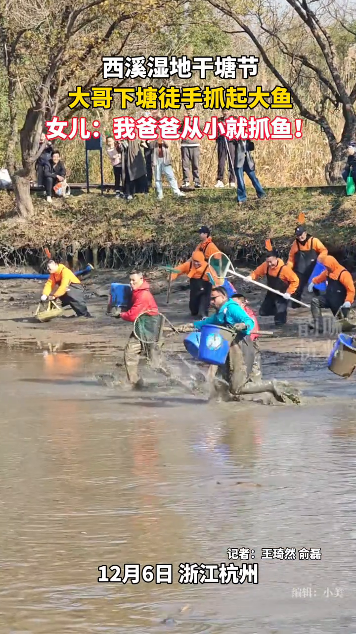 杭州西溪干塘节，大哥徒手抓起大鱼，厉害