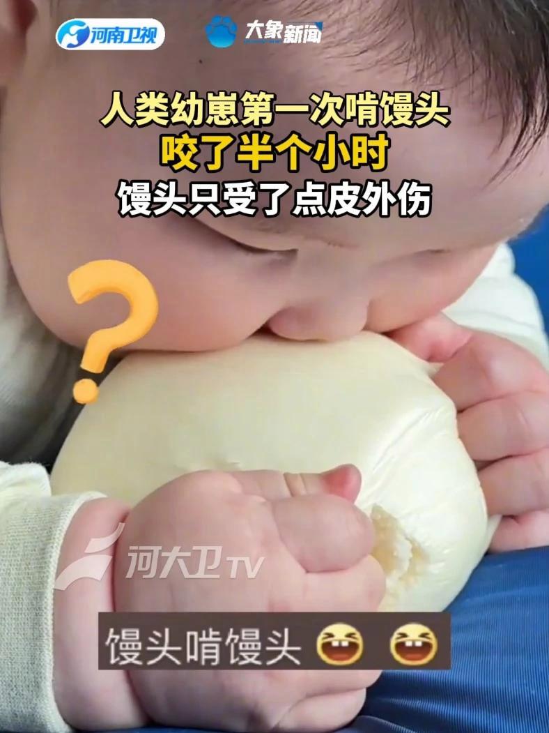 人类幼崽第一次啃馒头 人类幼崽第一次啃馒头,网友:咬了半个小时,馒头只受了点皮外伤来源:@