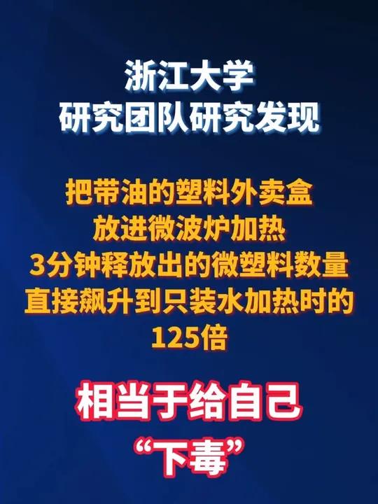 浙江大学研究团队研究发现把带油的塑料外卖盒放进微波炉加热,相当于给自己“下毒”。(津云)