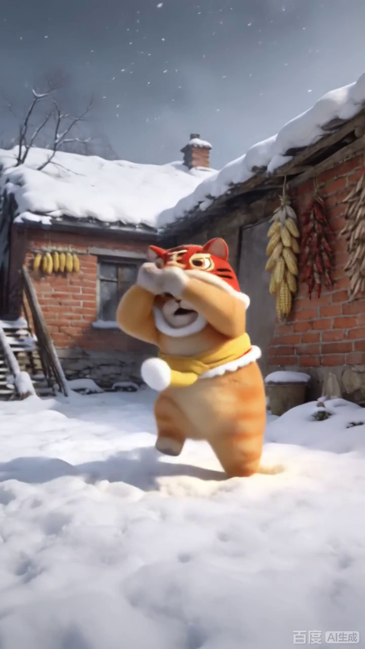虎帽橘猫雪地搞怪