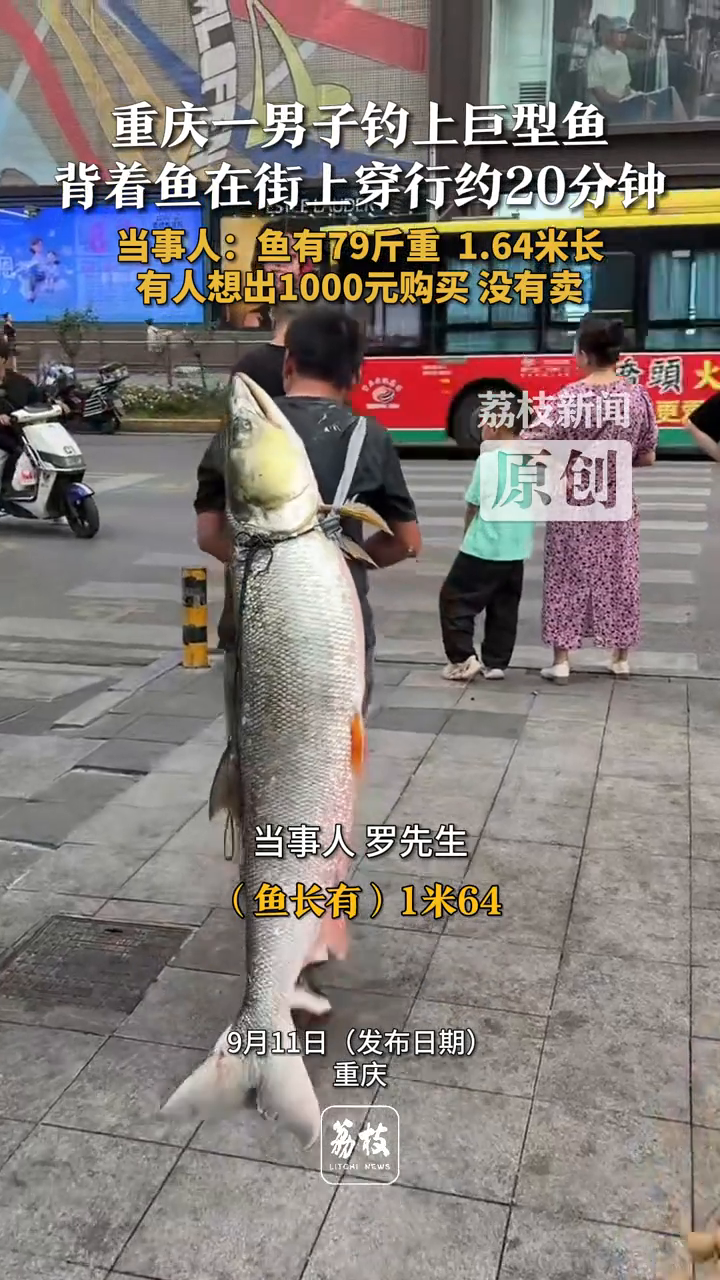 重庆一男子钓上巨型鱼 背着鱼在街上穿行约20分钟
