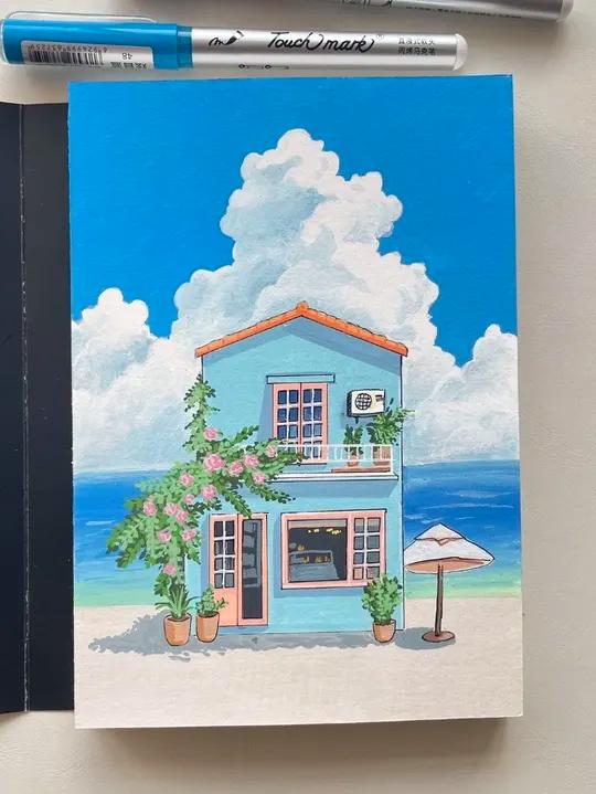 丙烯马克笔|治愈海边插画 #丙烯马克笔绘画 #治愈系风景画 #零基础学画画 #手绘教程