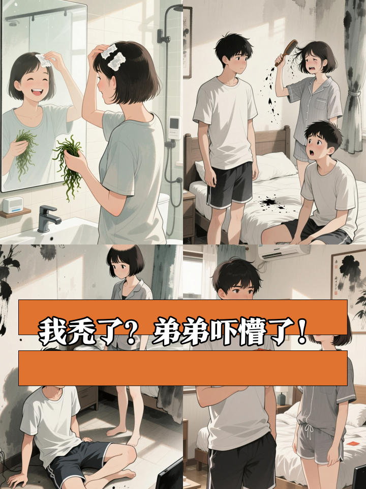 姐姐用海发菜假装脱发，弟弟的反应笑疯了！