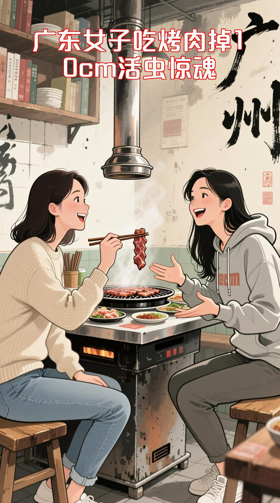 广东女子吃烤肉，嘴里掉10cm活虫吓懵，生菜藏疑似蚂蟥