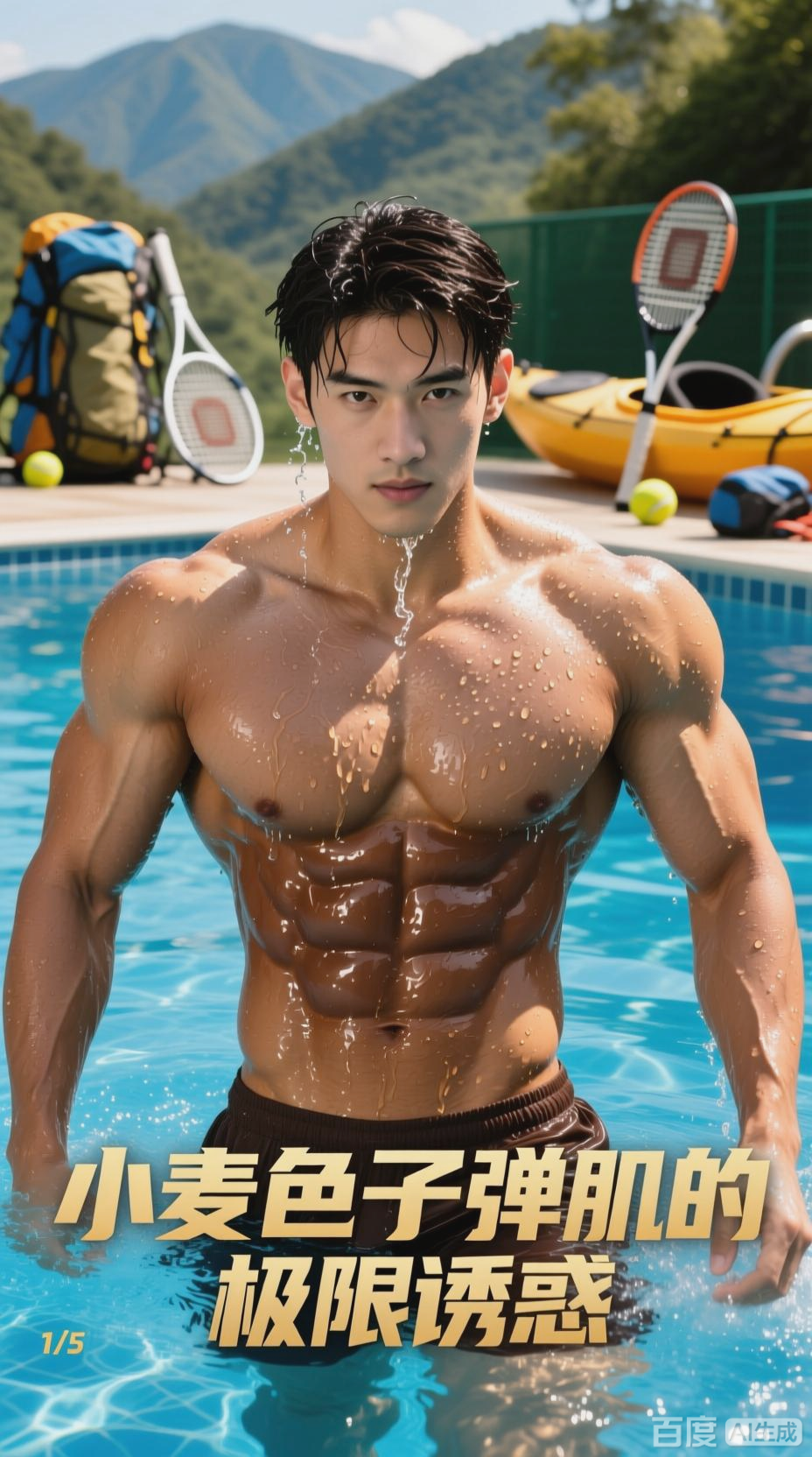 小麦色肌肉男，炫耀极致腹肌