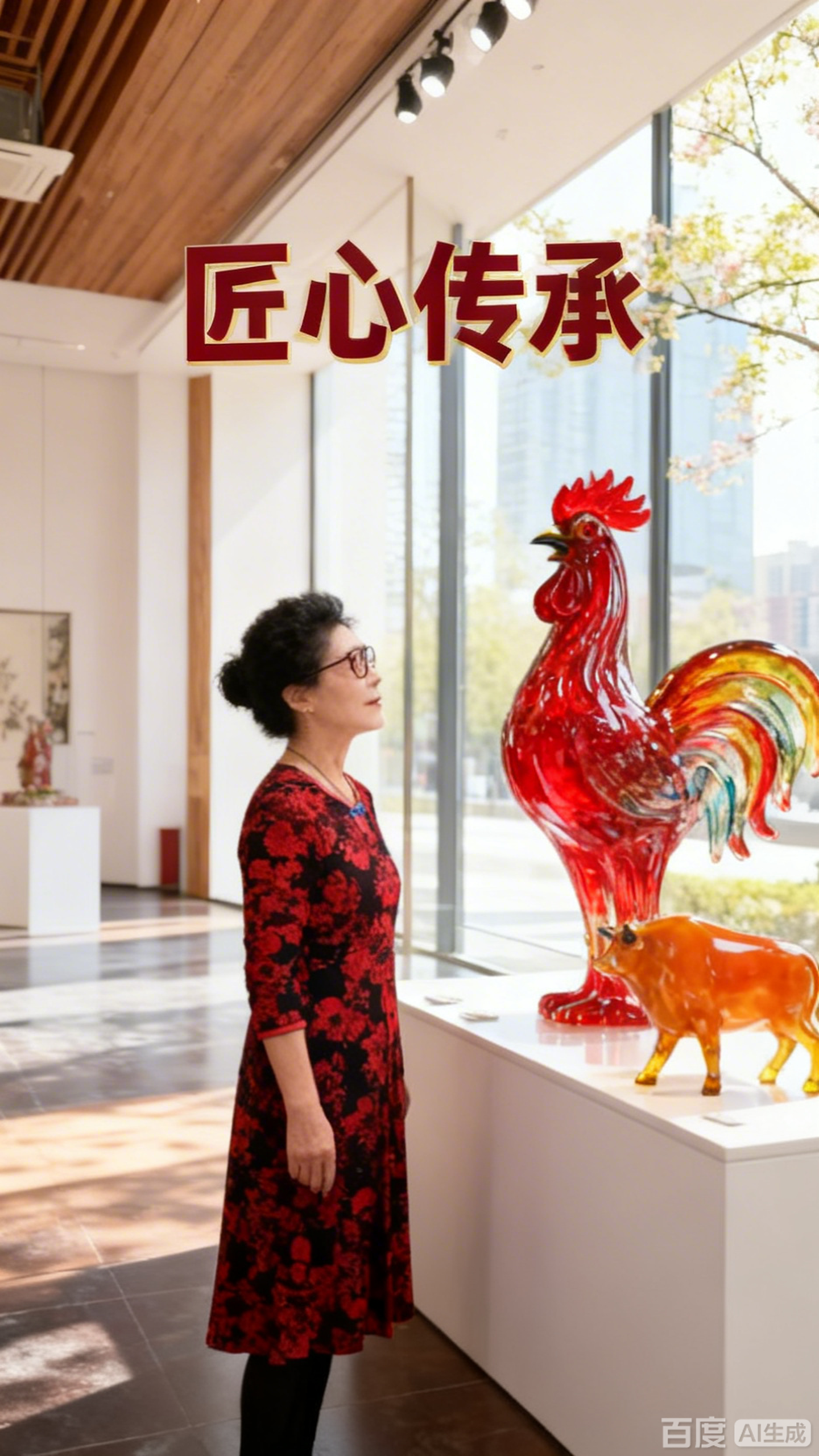 苏红梅与红色公鸡雕塑