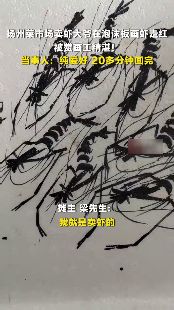 菜市场卖虾大爷在泡沫板画虾走红,当事人:纯爱好,20多分钟画完