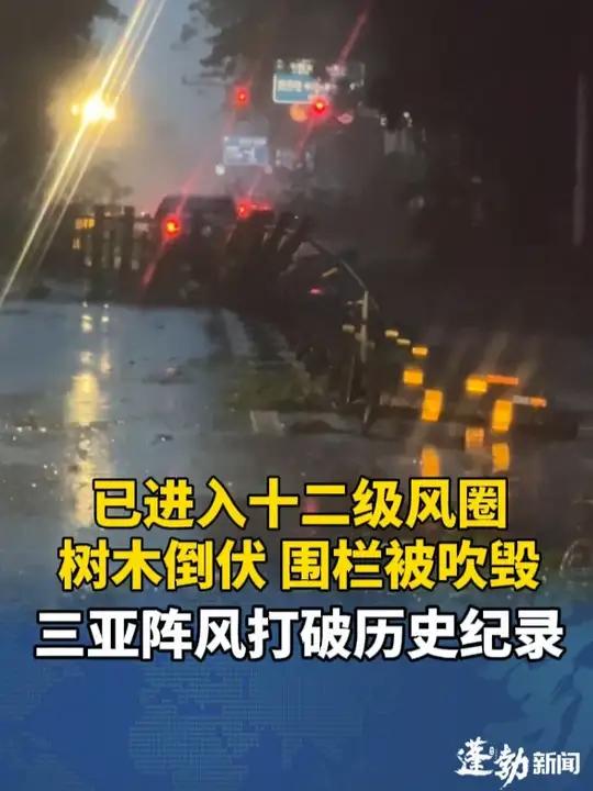 红色预警!三亚已进入台风十二级风圈,阵风打破历史纪录!街头树木倒伏,围栏被吹毁!