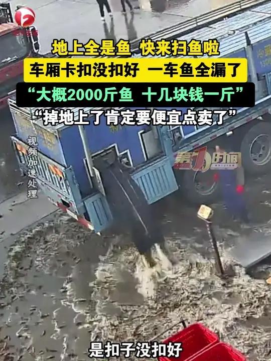 车厢卡扣没扣好，一车鱼全漏了，“大概2000斤鱼，十几块钱一斤”“掉地上了肯定要便宜点卖了