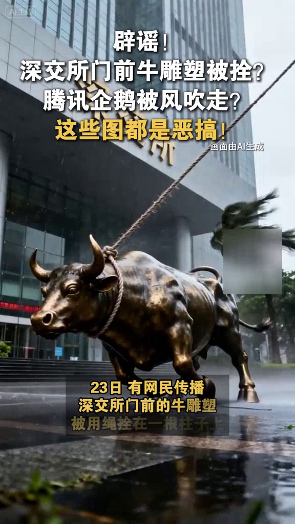 深交所门前牛雕塑被拴?腾讯企鹅被风吹走?这些图都是恶搞!