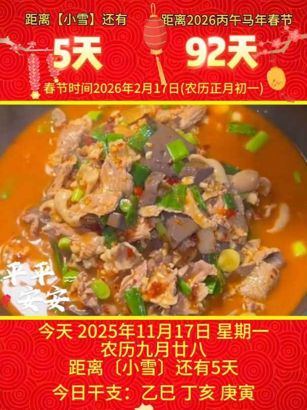 「2025年11月17日」星期一,农历九月廿八 乙巳年·丁亥月·庚寅日,距离中华优秀传统文