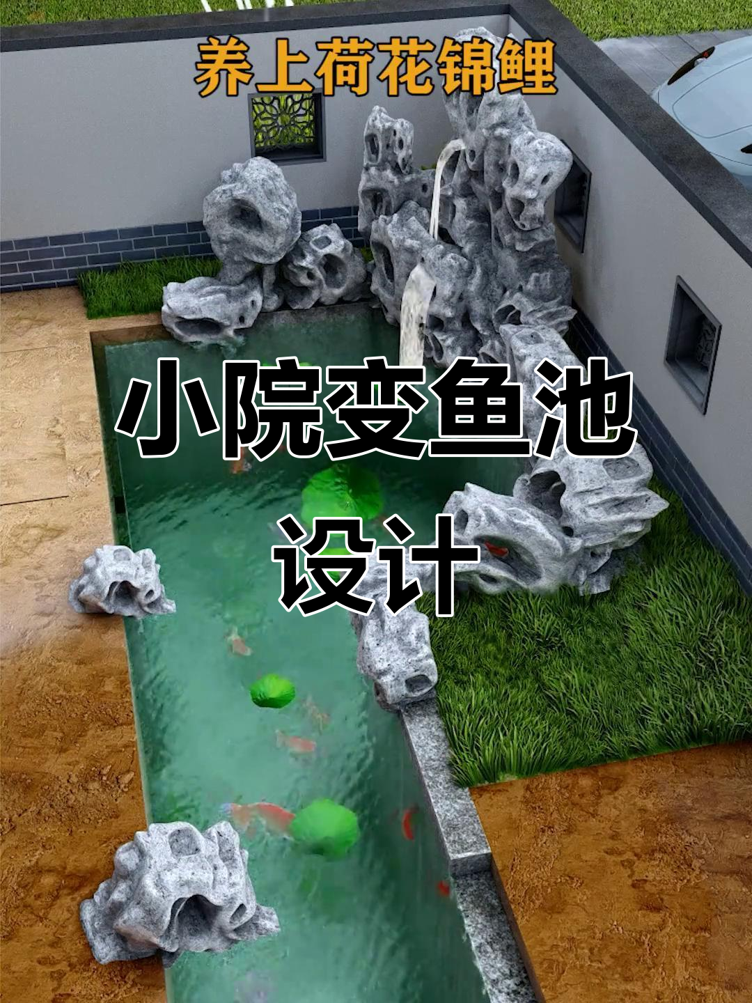 小院子也能打造大鱼池,假山荷花让邻居羡慕不已