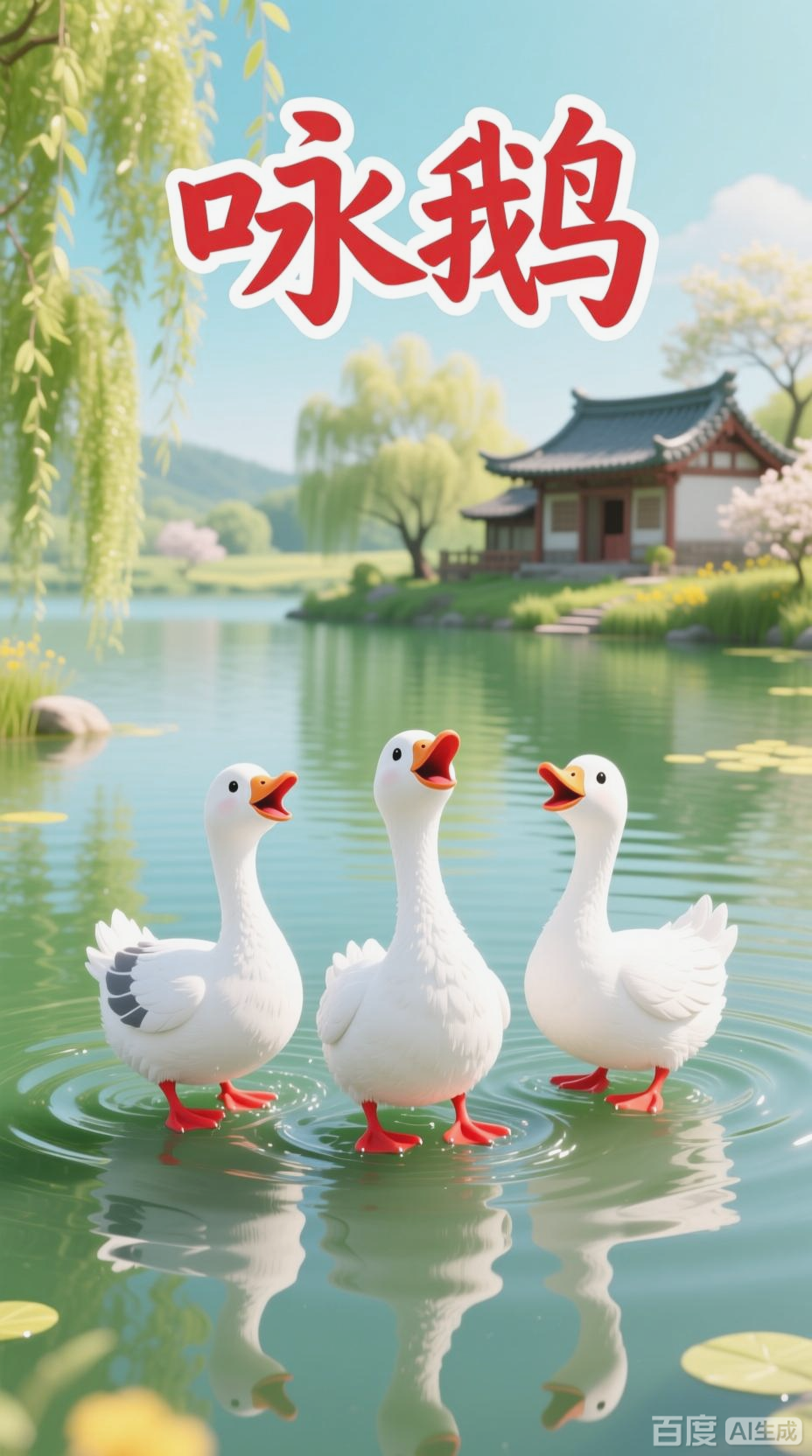 鹅戏绿水,悠然自得