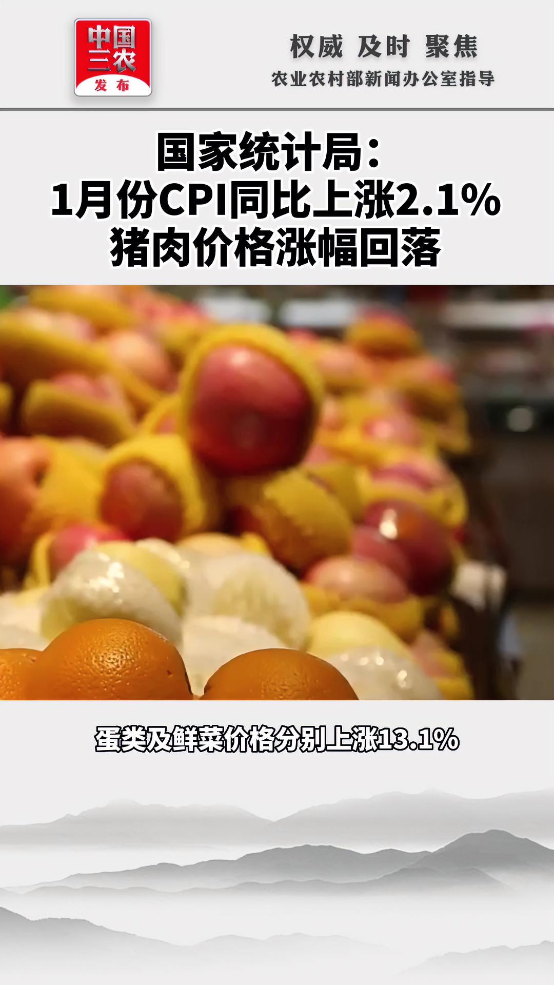 国家统计局:1月份CPI同比上涨2.1%,猪肉价格涨幅回落