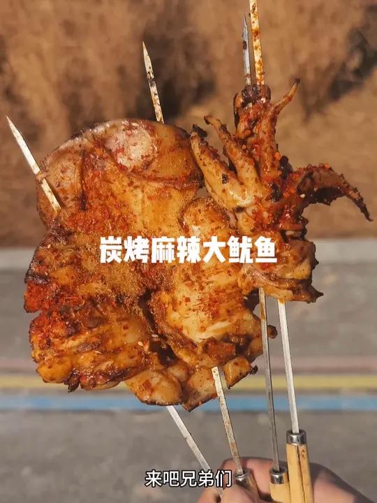 小伙湖边爽吃炭烤大鱿鱼 这鱿鱼真有嚼劲!麻麻辣辣,好吃!烤馒头,烤年糕也不错!青椒依旧汁水