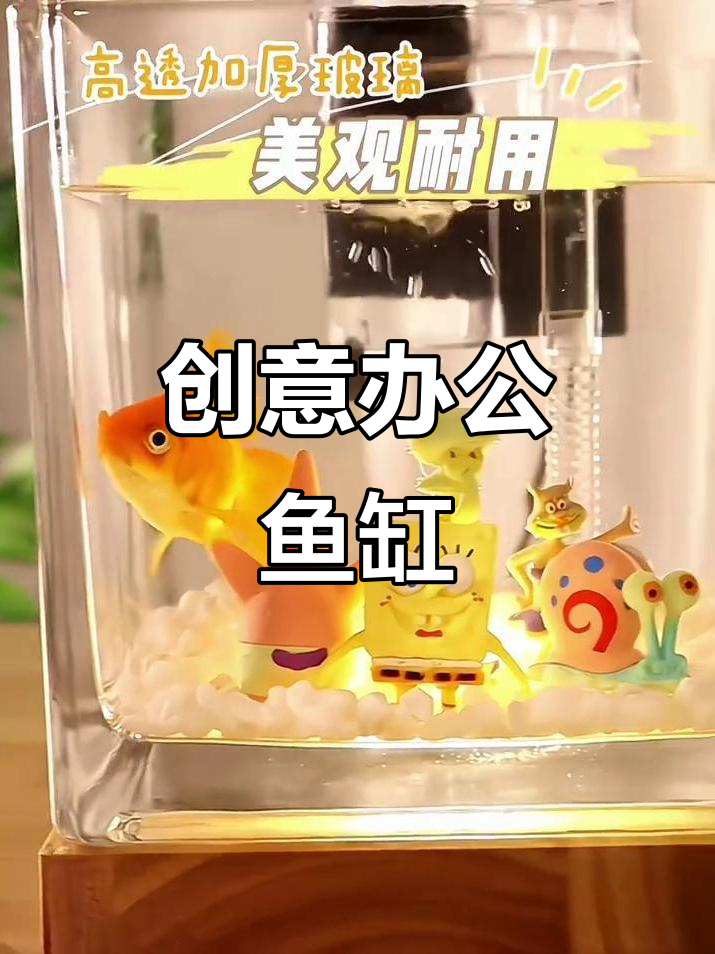 厚壁方形鱼缸,发光底座与珍珠造景,办公室小清新创意