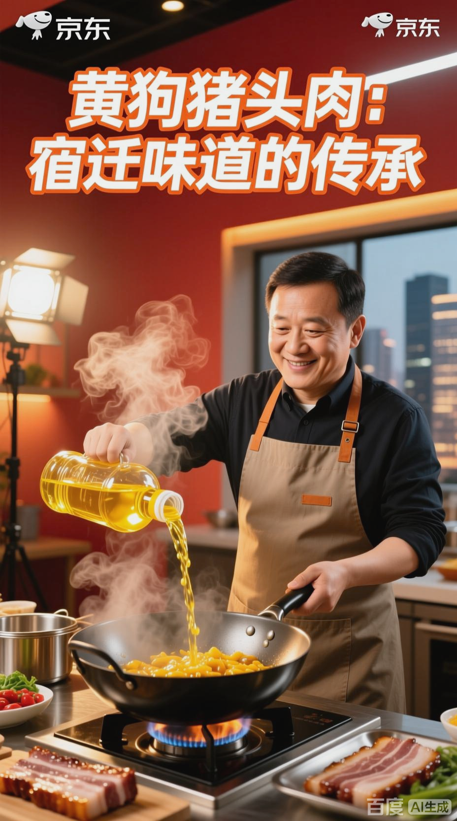 刘强东系上围裙,在直播间翻炒宿迁名菜黄狗猪头肉