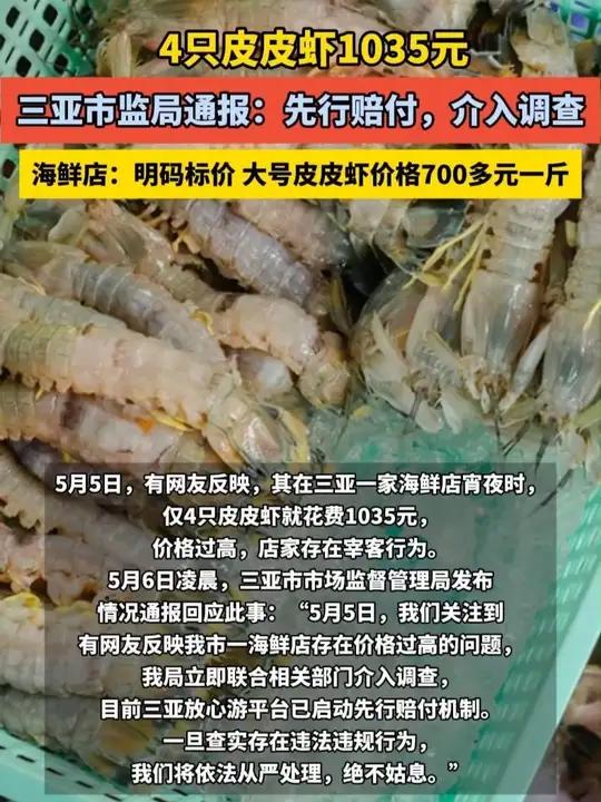 4只皮皮虾1035元 三亚市监局通报:先行赔付,介入调查 海鲜店:明码标价 大号皮皮虾价格