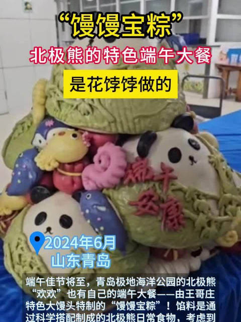 端午佳节将至,青岛极地海洋公园的北极熊“欢欢“也有自己的端午大餐——由王哥庄特色大馒头特制
