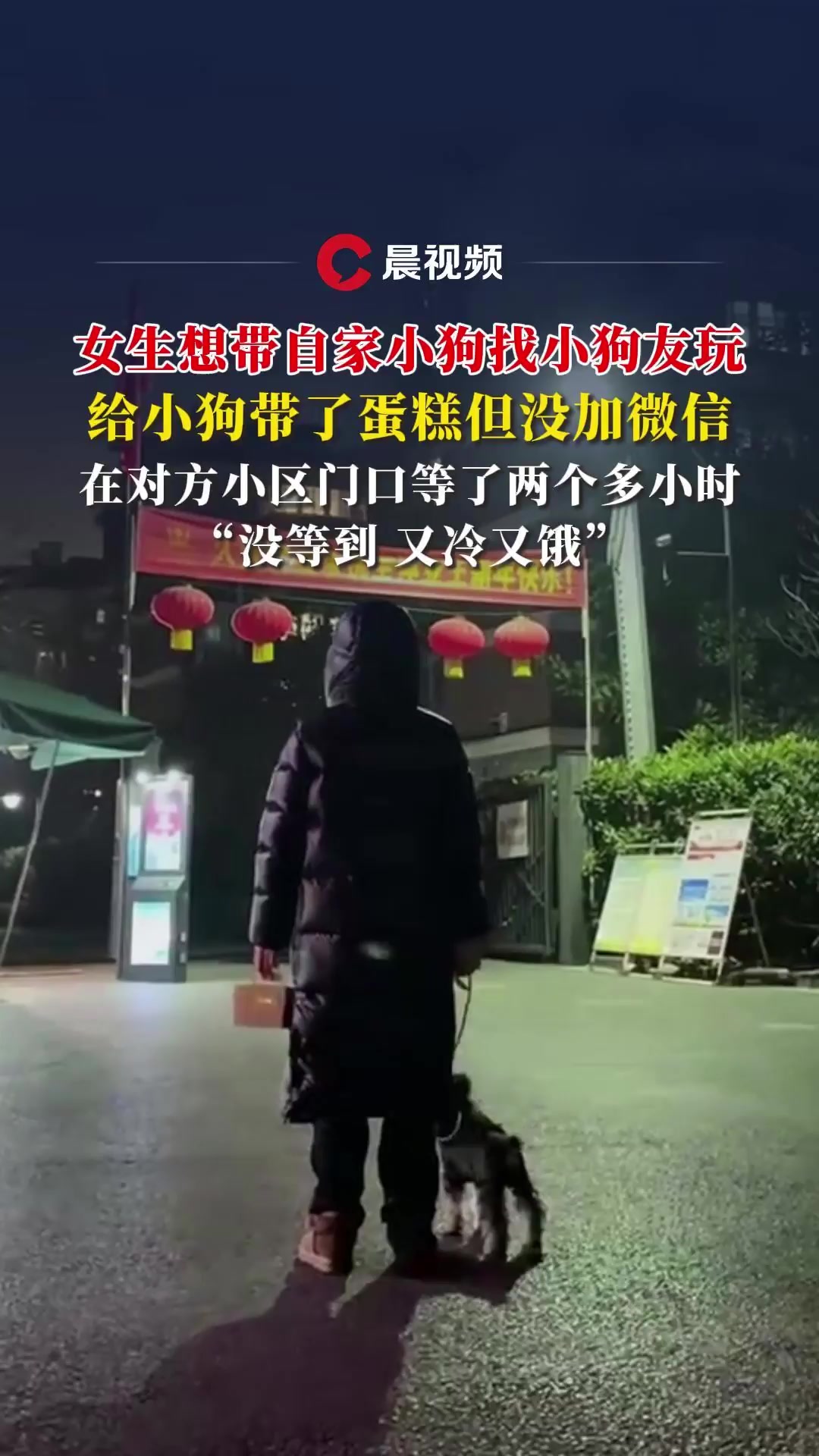 女生想带自家小狗找小狗友玩,但没加微信,在对方小区门口等了两个多小时