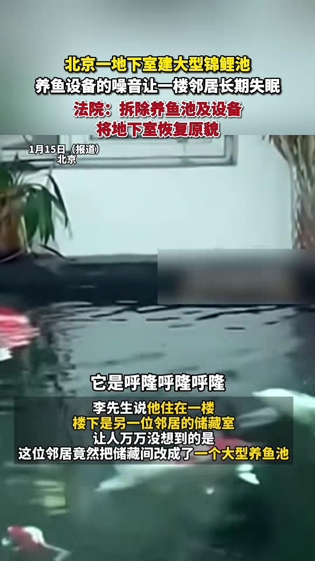 北京一地下室建大型锦鲤池，养鱼设备的噪音让一楼邻居长期失眠，法院：拆除养鱼池及设备，将地下