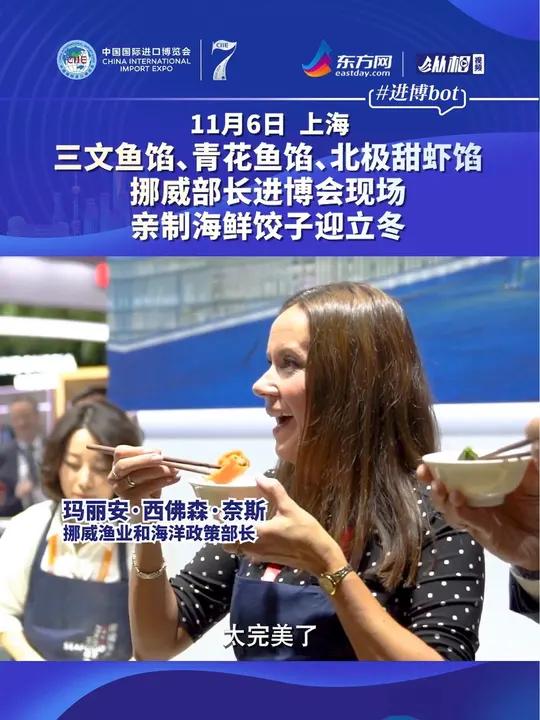 三文鱼馅、青花鱼馅、北极甜虾馅,挪威 部长进博会现场亲制海鲜饺子迎立冬 进博bot 进博的