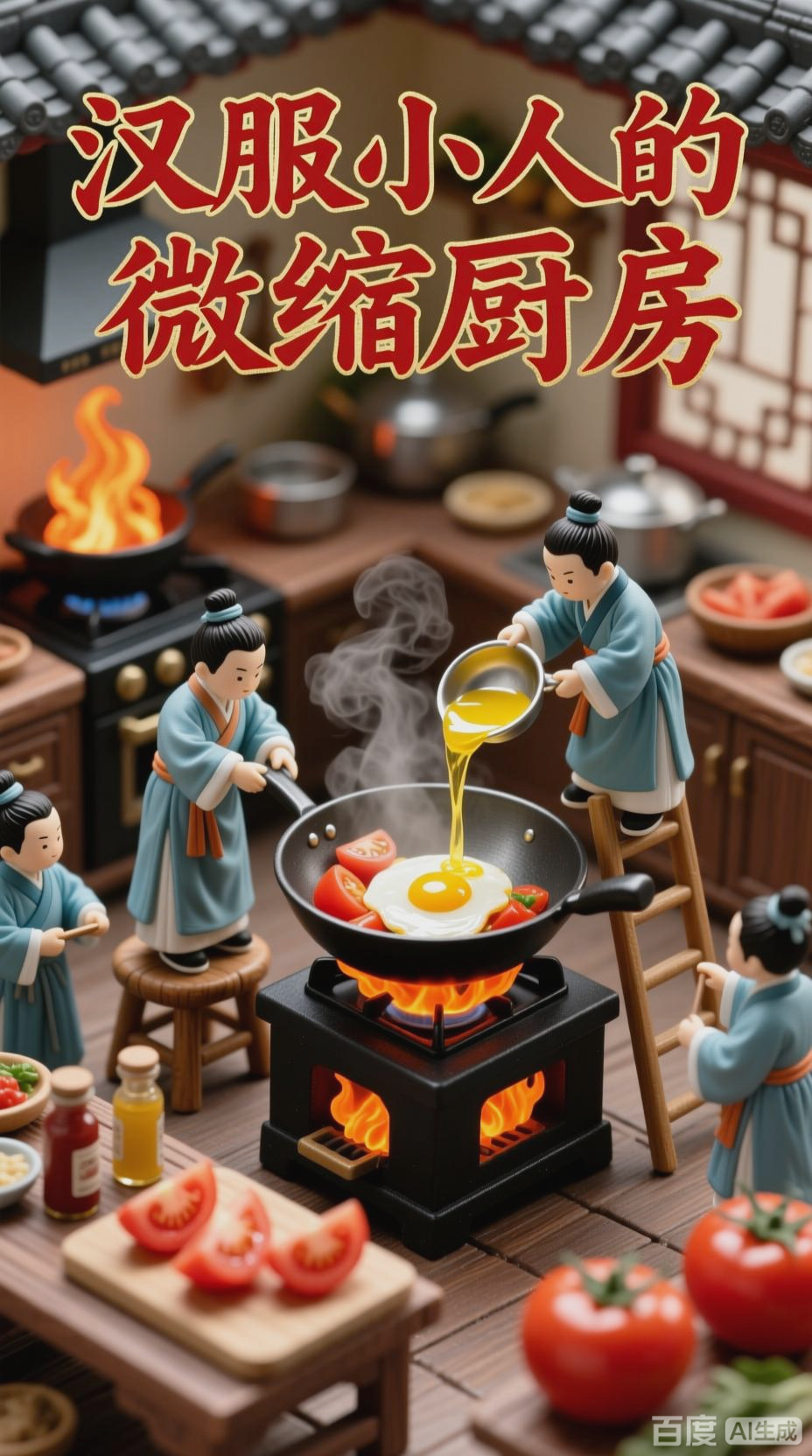 汉服小人烹饪西红柿炒鸡蛋