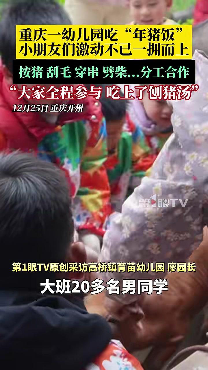 重庆一幼儿园吃“年猪饭”，小朋友们激动不已一拥而上！按猪、刮毛、穿串、劈柴……分工合作，廖