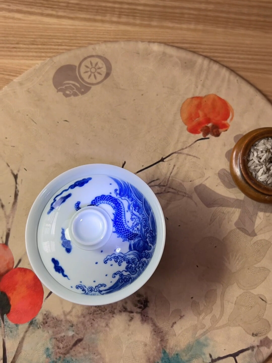 景德镇手工青花手绘鱼化龙两才盖碗