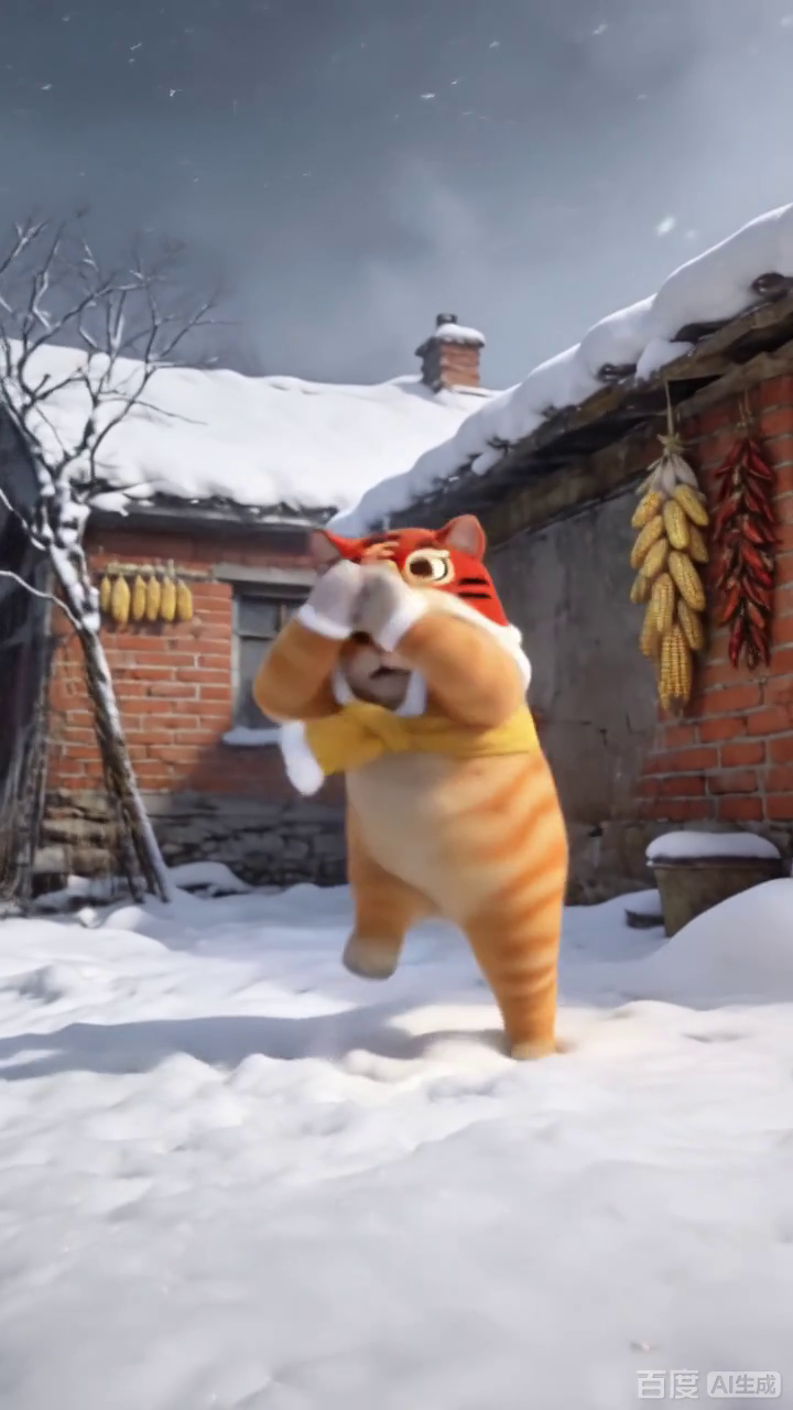 虎帽橘猫雪地搞怪