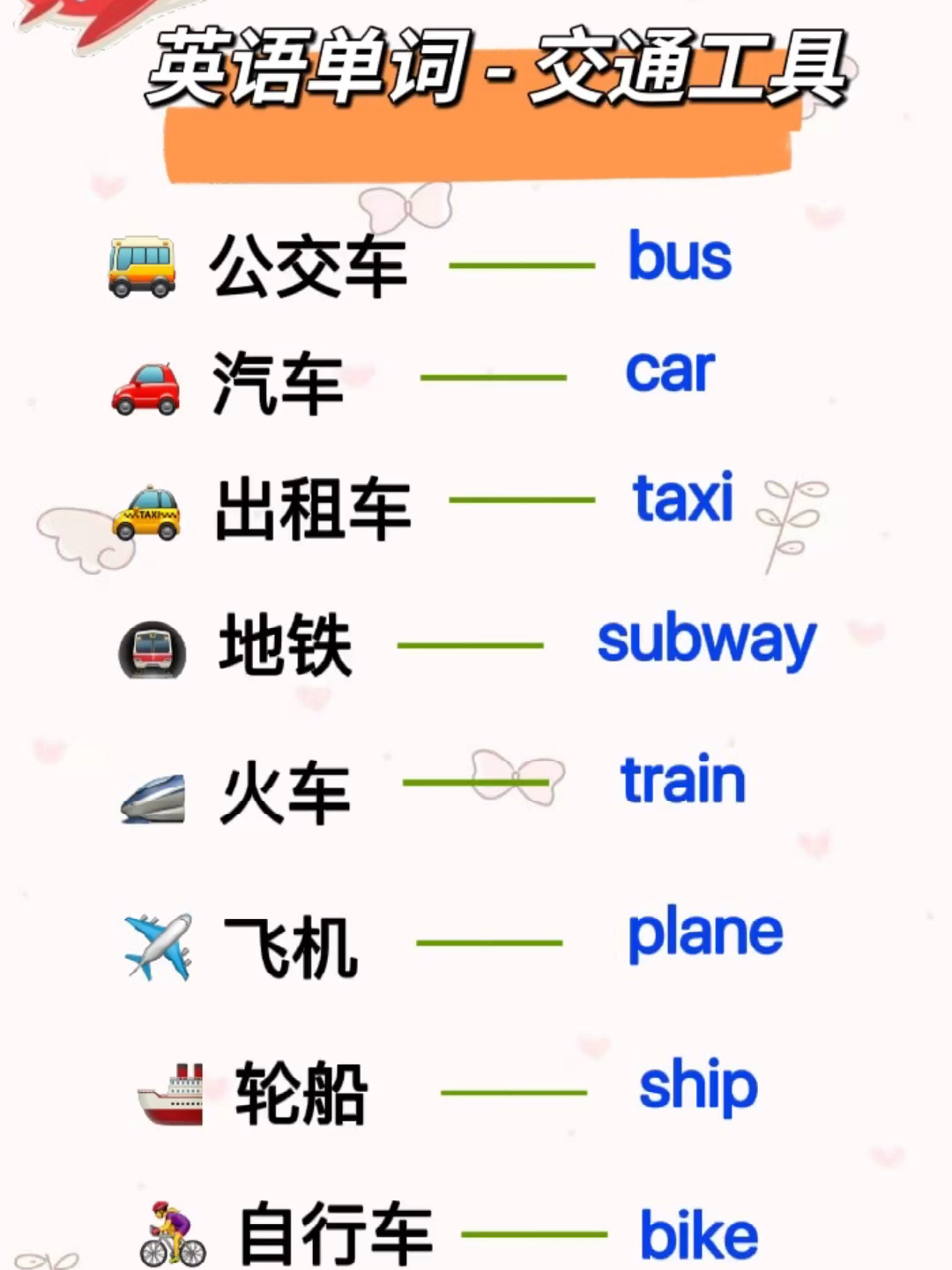 英语单词 - 交通工具(含读音)