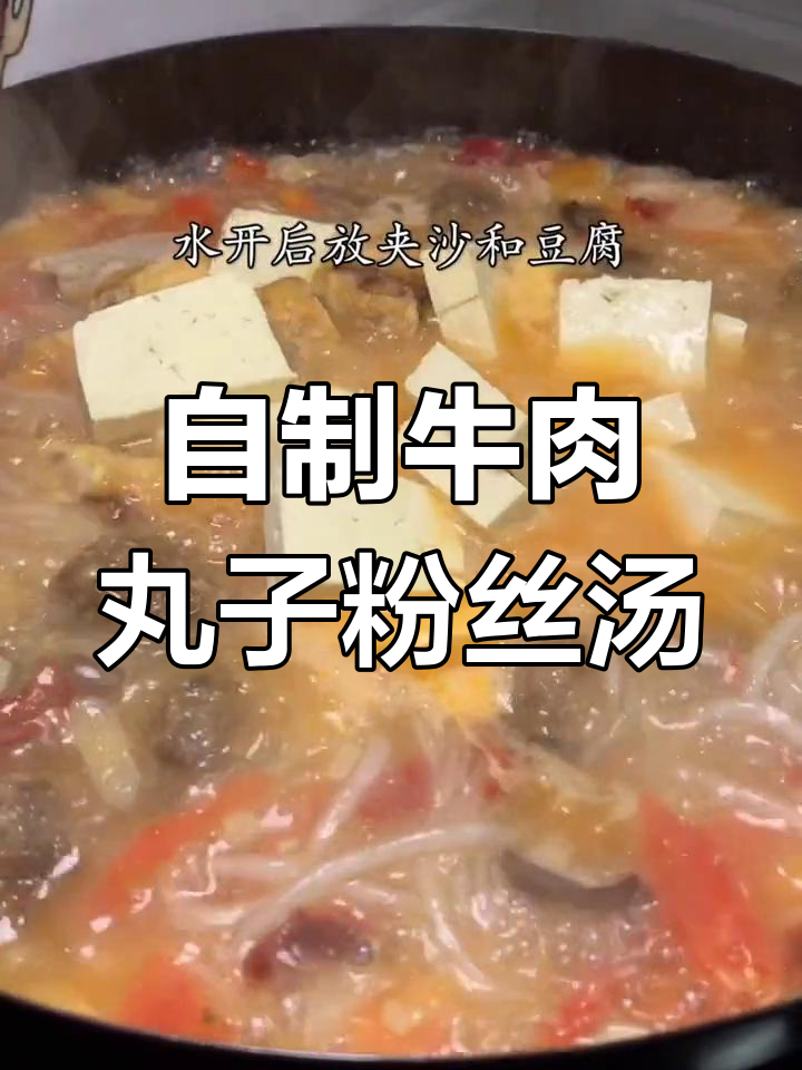 纯手工牛肉丸子夹沙粉条汤,家常美味不容错过