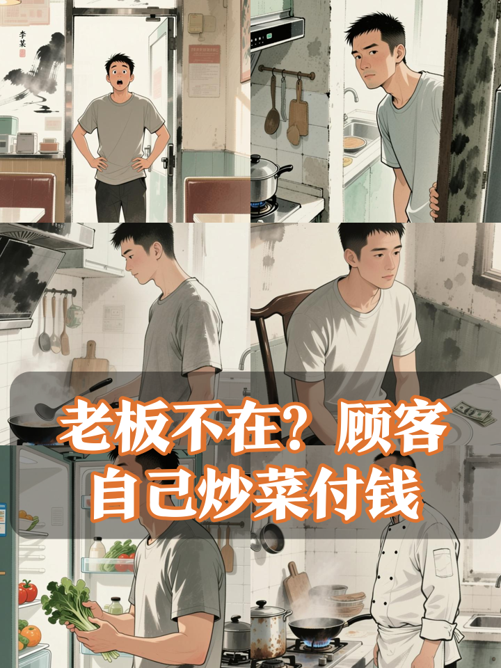 顾客连喊几声发现店主不在 自己去后厨做吃完翻菜单查看价格