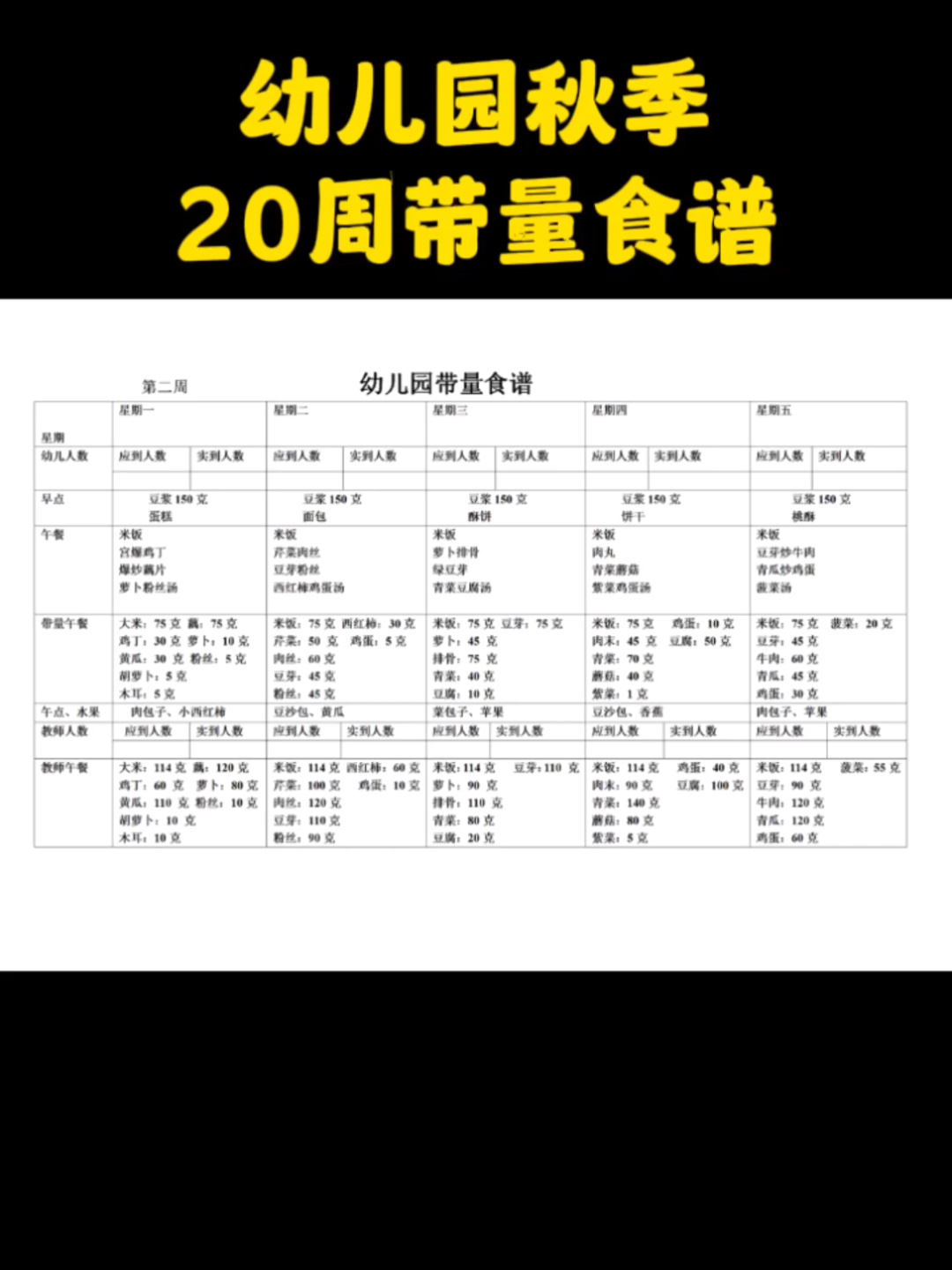 幼儿园秋季20周带量食谱