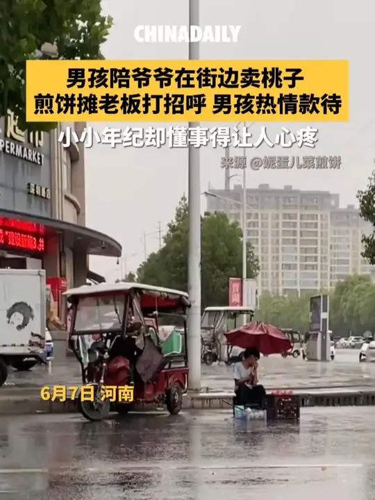 小朋友陪着爷爷一起卖桃子,煎饼摊的老板来打招呼时,男孩热情接待,礼貌又懂事。网友:小小年纪