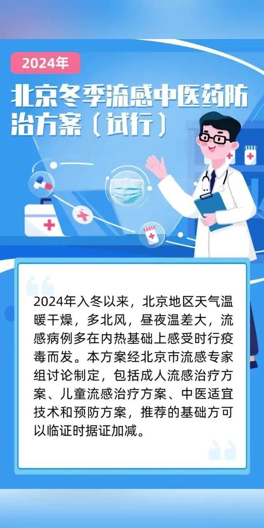 2024年北京卫健委公布成人流感中医辩证论治方案,1、(2024)北京冬季流感中医药防治方