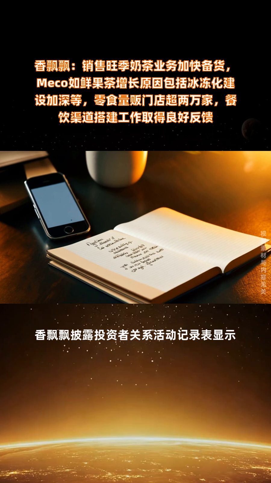 香飘飘:销售旺季奶茶业务加快备货,Meco如鲜果茶增长原因包括冰冻化建设加深等,零食量贩门