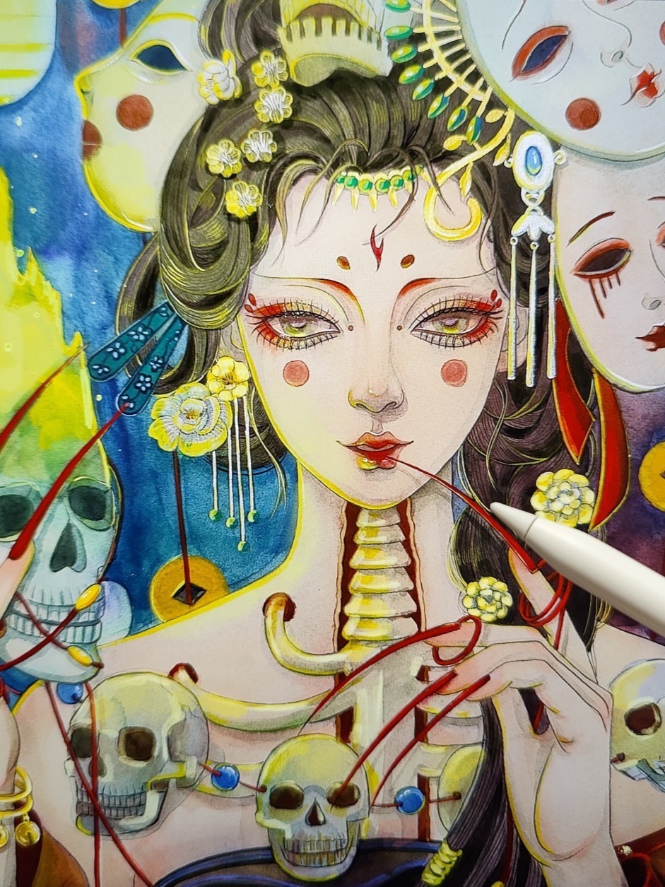 原创手绘古风水彩插画,画故事