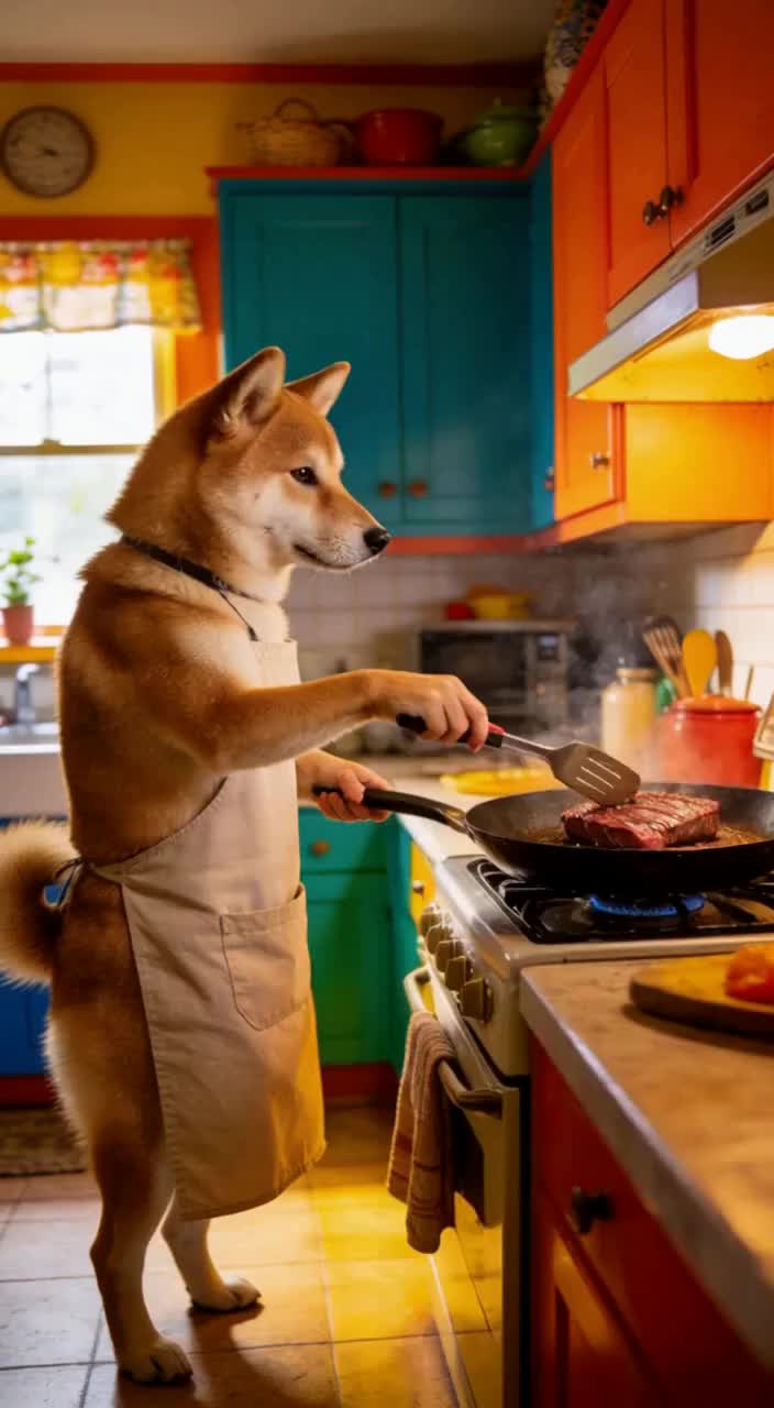 煎牛排被砸？变身肌肉犬秒做菜！
