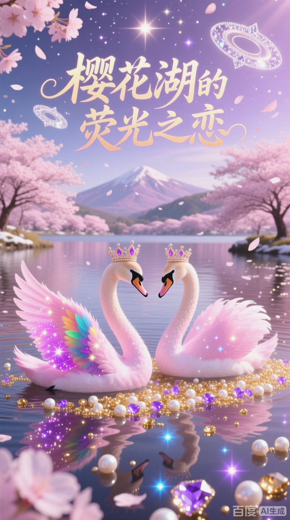 荧光粉天鹅樱花湖比心