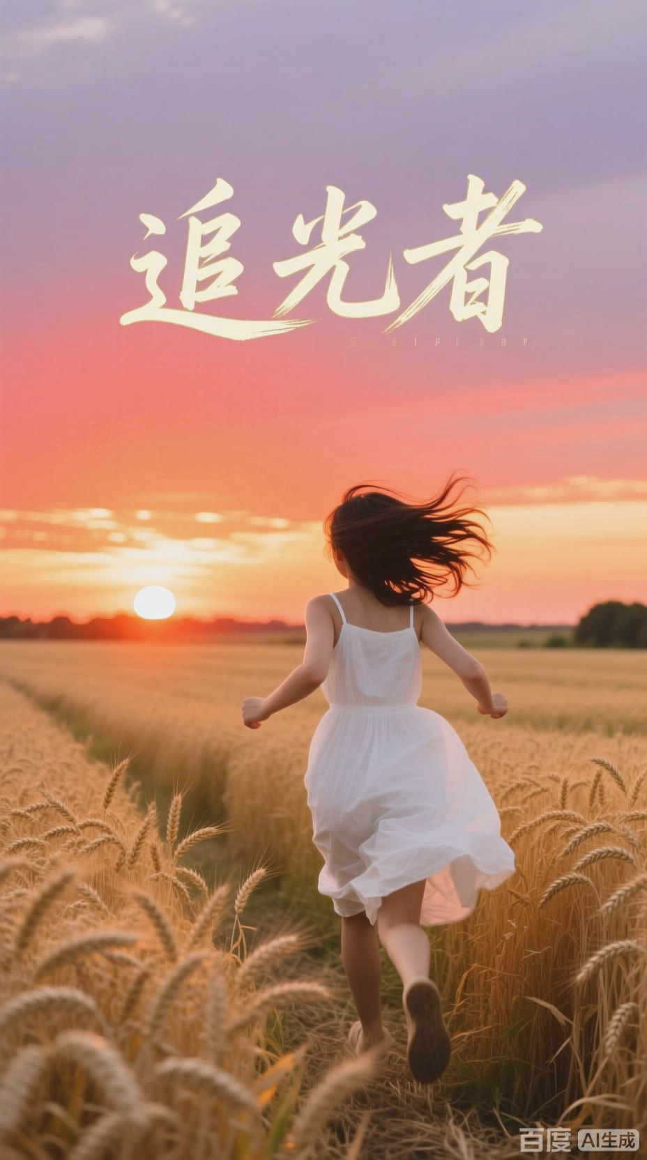 黄昏麦田,女孩追光奔跑
